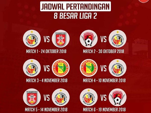 Jadwal Lengkap Semen Padang FC di Babak 8 Besar Grup A Liga 2 2018