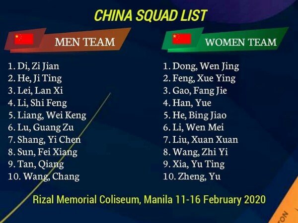 China Umumkan Skuad Untuk Kejuaraan Beregu Asia 2020