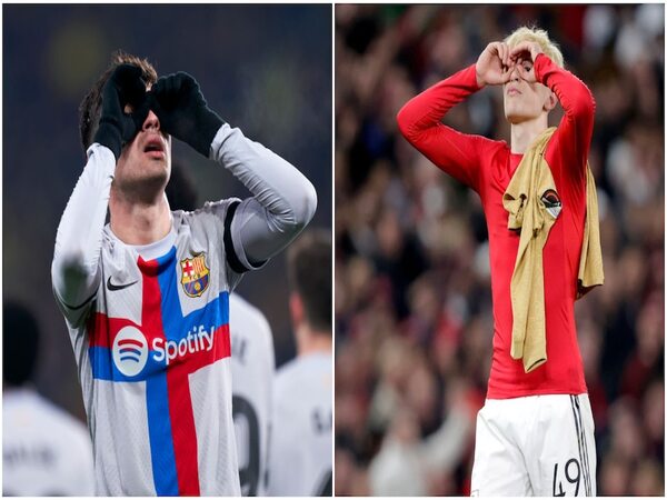 Alejandro Garnacho meniru selebrasi Pedri, setelah keberhasilan Manchester United menyingkirkan Barcelona di ajang Liga Europa / via Istimewa