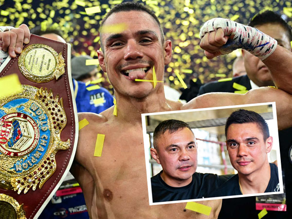 Tim Tszyu memamerkan sabuk juara interim menengah yunior WBO, foto insert Tim dan sang ayah Kostya (Sumber Foto: Premier Boxing Cham;pions dan Sporting News)