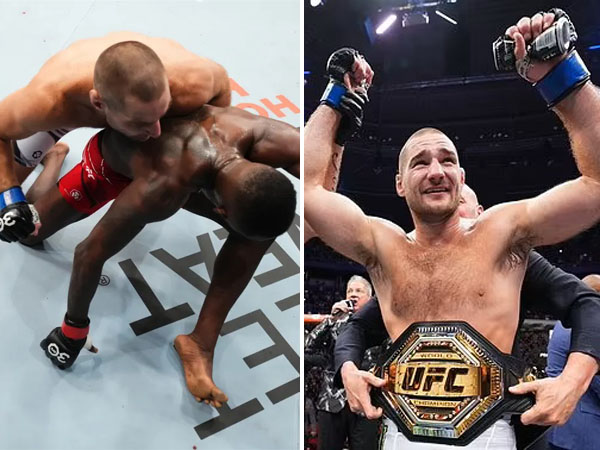 Sean Strickland sempat menjatuhkan Israel Adesanya di ronde pertama, sebelum memastikan kemenangan angka mutlak setelah lima ronde. (Foto: UFC)