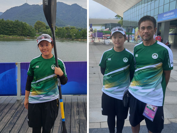 Sam Cheng dan ayahnya, Sam Hiu Hing, berfoto di tengah gelaran Asian Games Hangzhou. (Foto: Xinhua)