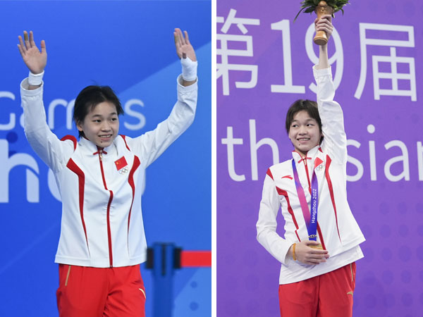 Quan Hongchan merayakan kemenangannya meraih gelar juara di nomor menara 10 meter putri Asian Games Hangzhou. (Foto: Xinhua)