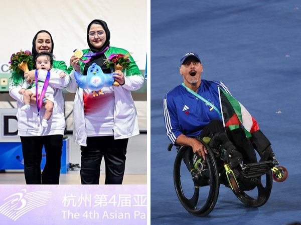 Penembak Iran Sareh Javanmardi menggendong bayinya di atas podium, sementara pemain basket kursi roda Kuwait Neza Mohammed menari di atas kursi rodanya. (Foto: Xinhua)