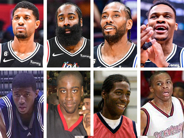 Foto kombinasi (ki-ka) tim super Clippers Paul George, James Harden, Kawhi Leonard, Russell Westbrook saat ini dan saat duduk di bangku SMU. (Foto: Yahoo Sports)