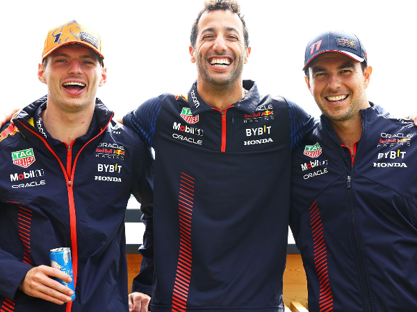 Max Verstappen bersama Sergio Perez dan Daniel Ricciardo