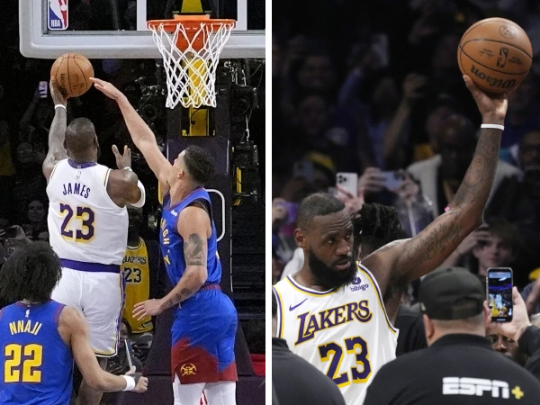 Momen bersejarah ketika layup LeBron James menggenapkan perolehan poinnya menjadi 40.000 poin di NBA yang dirayakan pada timeout berikutnya. (Foto: AP)