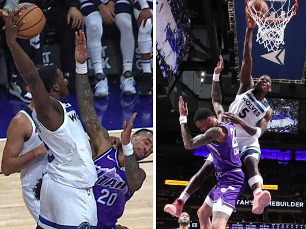 Anthony Edwards melakukan dunk terhadap John Collins di kuarter ketiga Wolves-Jazz. (Foto: AP)