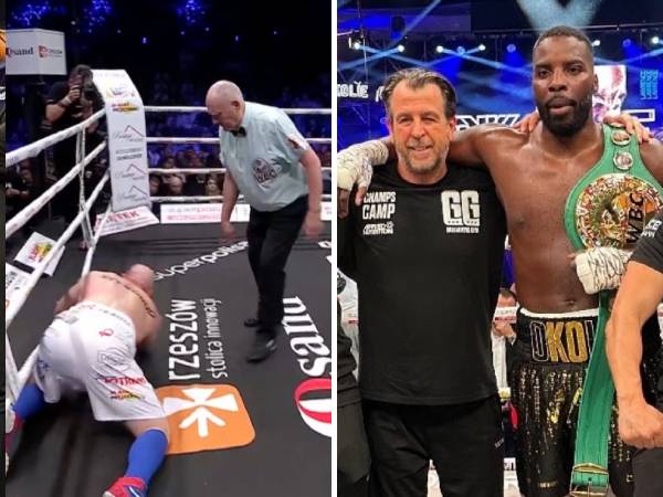 Lawrence Okolie (kanan) merayakan kemenangannya atas Lukasz Rozanski yang dia KO di ronde pertama. (Foto: Sky Sports)