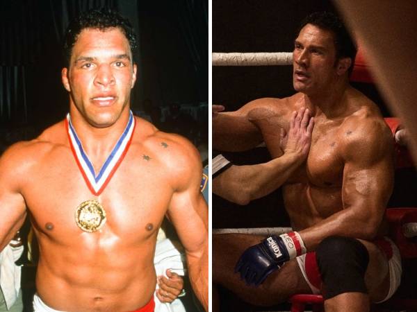 Mark Kerr (kanan) dan transformasi fisik Dwayne Johnson yang aslinya botak dan bertato sebagai Kerr. (Foto: People)