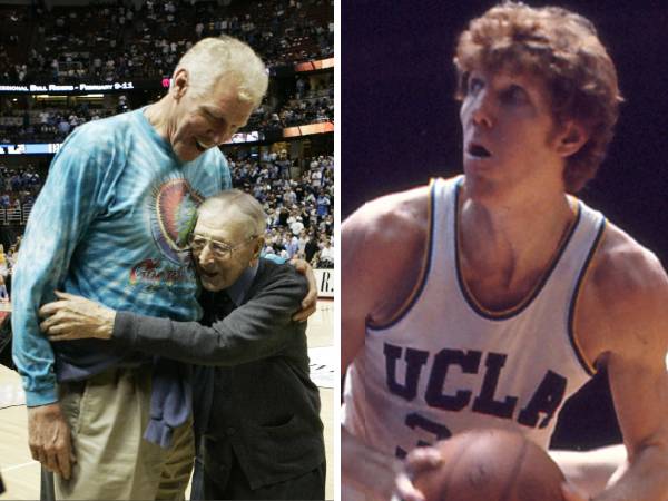 Bill Walton bersama mantan pelatih UCLA John Wooden (kiri) dan saat mengenakan seragam Bruins. (Foto: Bruins)