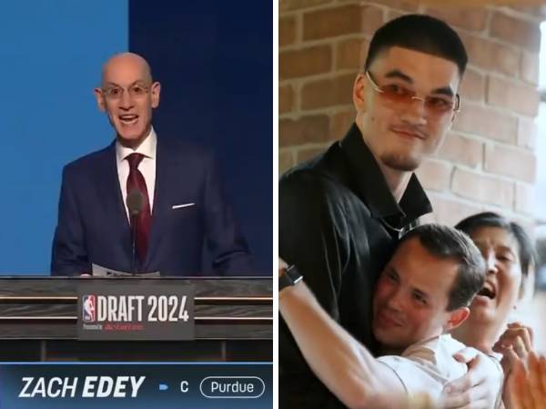 Zach Edey menyaksikan pengumuman draft dari komisioner Adam Silver dari West Lafayette, Indiana, di antara teman, rekan setim di Purdue dan keluarganya. (Foto: X)