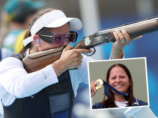 Penembak Guatemala Adriana Ruano Oliva beraksi di nomor trap putri Olimpiade Paris. (Foto: AP)