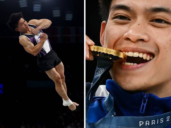 Carlos Edriel Yulo merayakan emas keduanya dari nomor vault putra di Olimpiade Paris. (Foto: AP)