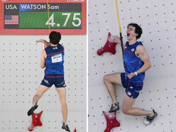 Sam Watson meluapkan kegembiraan setelah memecahkan rekor dunia untuk meraih tiket ke final panjat tebing pada Selasa (6/8). (Foto: AP)