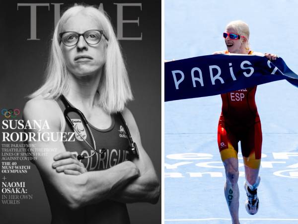 Susana Rodriguez menghiasi sampul Majalah Time pada 2021 (kiri) dan saat meraih emas triathlon di Paris. (Foto: Time, AFP)