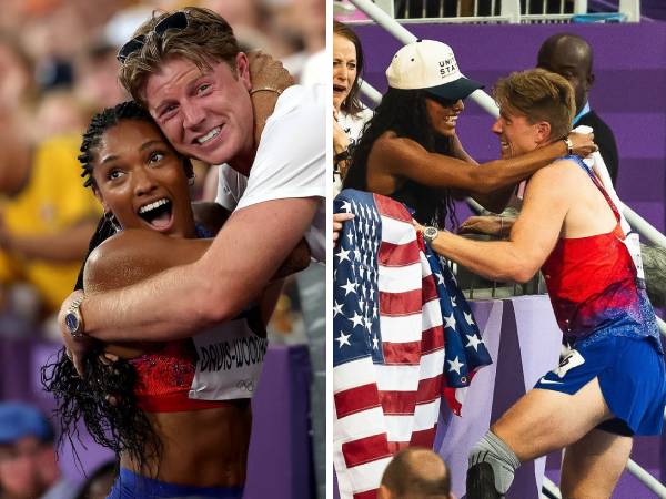 Pasangan Hunter Woodhall dan Tara Woodhall-Davis saling memberi selamat dalam kemenangan mereka masing-masing di Olimpiade dan Paralimpiade Paris. (Foto: AFP)