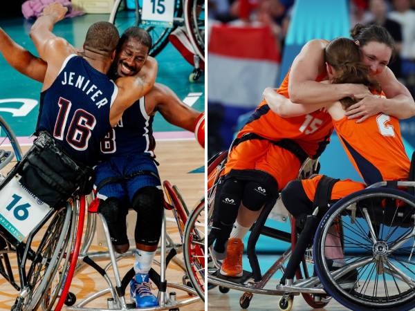 Tim putra AS (kiri) dan tim putri Belanda melakukan selebrasi setelah masing-masing memenangi medali emas cabang basket kursi roda di Paralimpiade Paris. (Foto: AP)
