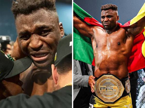 Francis Ngannou terlihat emosional setelah memenangkan pertarungan melawan Renan Ferreira. (Foto: PFL)