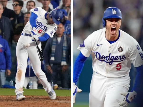 Freddie Freeman melakukan selebrasi setelah menentukan kemenangan Los Angeles Dodgers atas New York Yankees 6-3 di Game 1 World Series 2024. (Foto: AP)