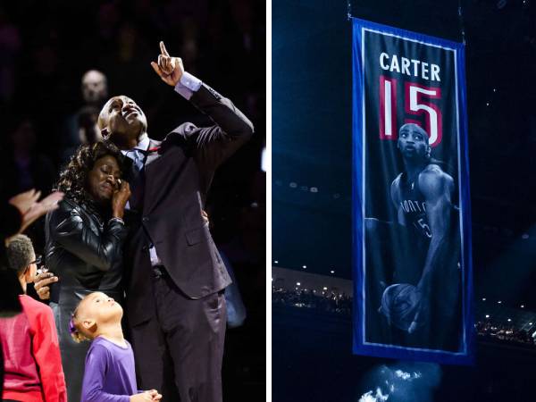 Vince Carter menyaksikan dengan penuh emosional saat banner jersey No.15 dinaikkan ke atap arena. (Foto: AP)