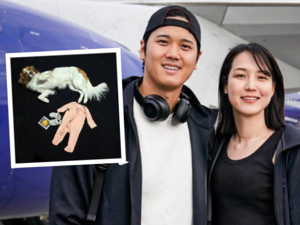 Shohei Ohtani (kiri) dan sang Istri Mamiko Tanaka (Inset: sang anjing Decoy menghiasi postingan pengumuman kehamilan). (Foto: People)