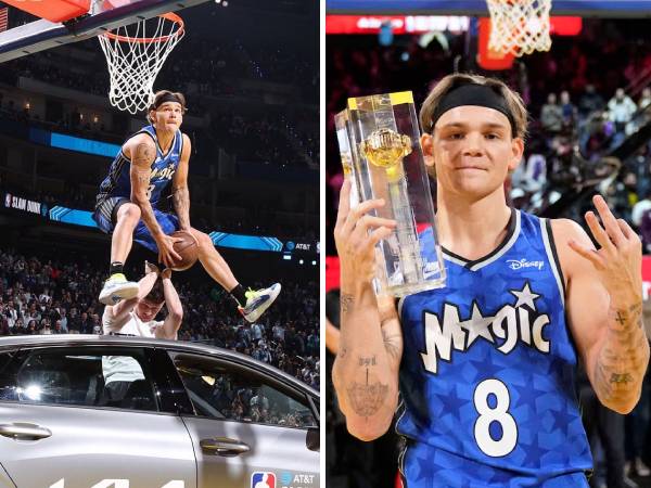 Mac McClung melakukan dunk melewati mobil di ronde pertama (kiri) dan berpose dengam trofi slam dunk ketiganya. (Foto: AP)