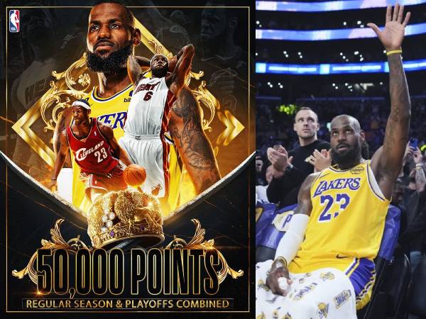LeBron James melambaikan tangan saat diumumkan sebagai pemain pertama yang membukukan 50 ribu poin di NBA. (Foto: AP)