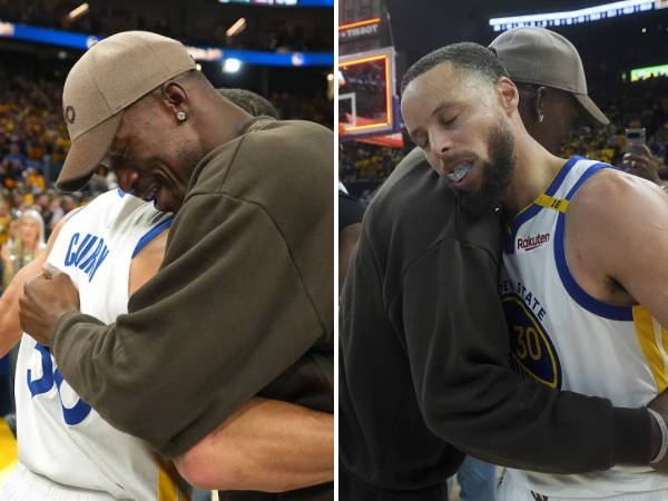 Jimmy Butler memeluk Stephen Curry yang tampil memukau di Game 3 versus Rockets. (Foto: AP)