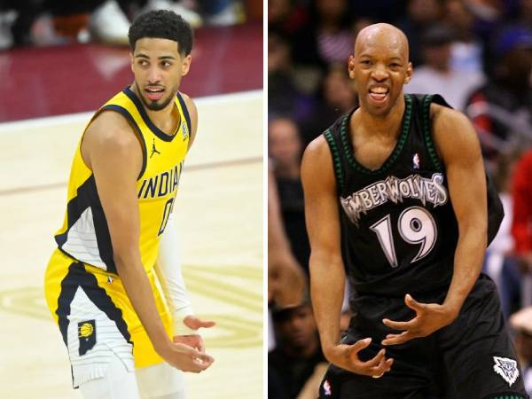 Tyrese Haliburton (kiri) dan Sam Cassell melakukan tarian “Big Ball”. (Foto: AP)