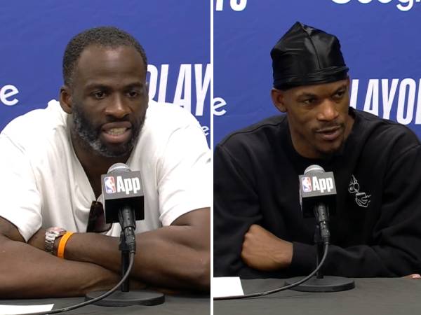 Bintang Golden State Warriors Draymond Green (kiri) dan Jimmy Butler memberikan keterangan pers usai Game 5 versus Wolves. (Foto: Youtube)