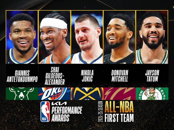 First Team All-NBA Musim 2024-25: Giannis Antetokounmpo, Shai Gilgeous-Alexander, Nikola Jokic, Donovan Mitchell dan Jayson Tatum. (Foto: NBA)