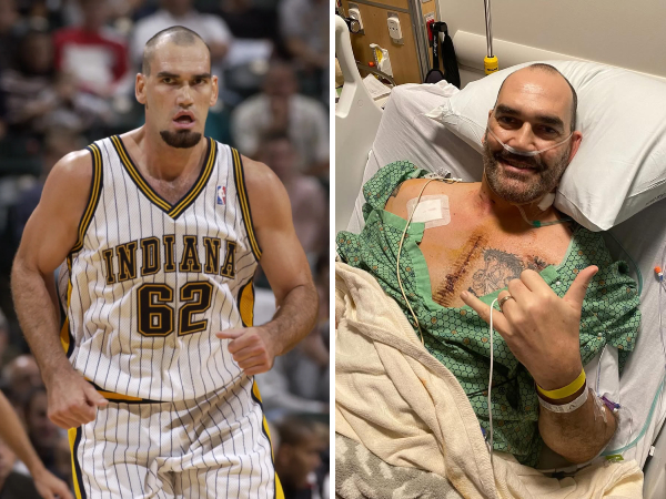 Scot Pollard (kiri) saat aktif bermain dan saat berpose di ranjang rumah sakit setelah menjalani transplantasi jantung. (Foto: Instagram)