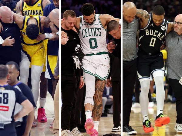 Para bintang NBA ternama yang mengalami robek Achilles di playoff lalu: Tyrese Haliburton, Jayson Tatum, dan Damian Lillard. (Foto: AP)
