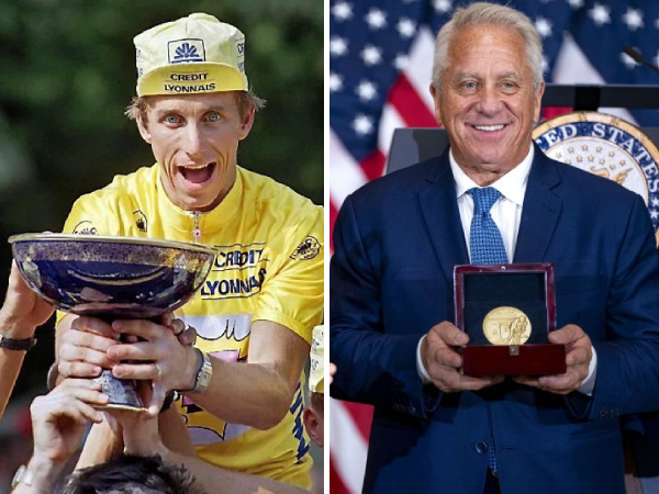 Greg LeMond (kiri) merayakan salah satu gelarnya di Tour de France dan Greg LeMond saat menerima Medali Emas Kongres. (Foto: AP)