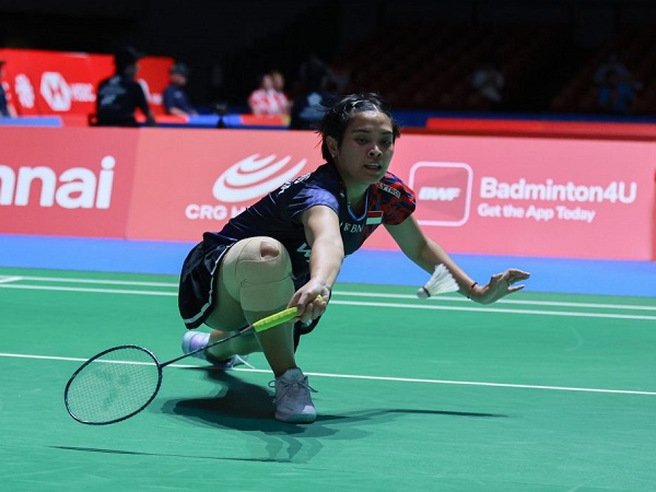 Gregoria Mariska Tunjung frustasi tersingkir di ronde pertama Japan Open 2025.