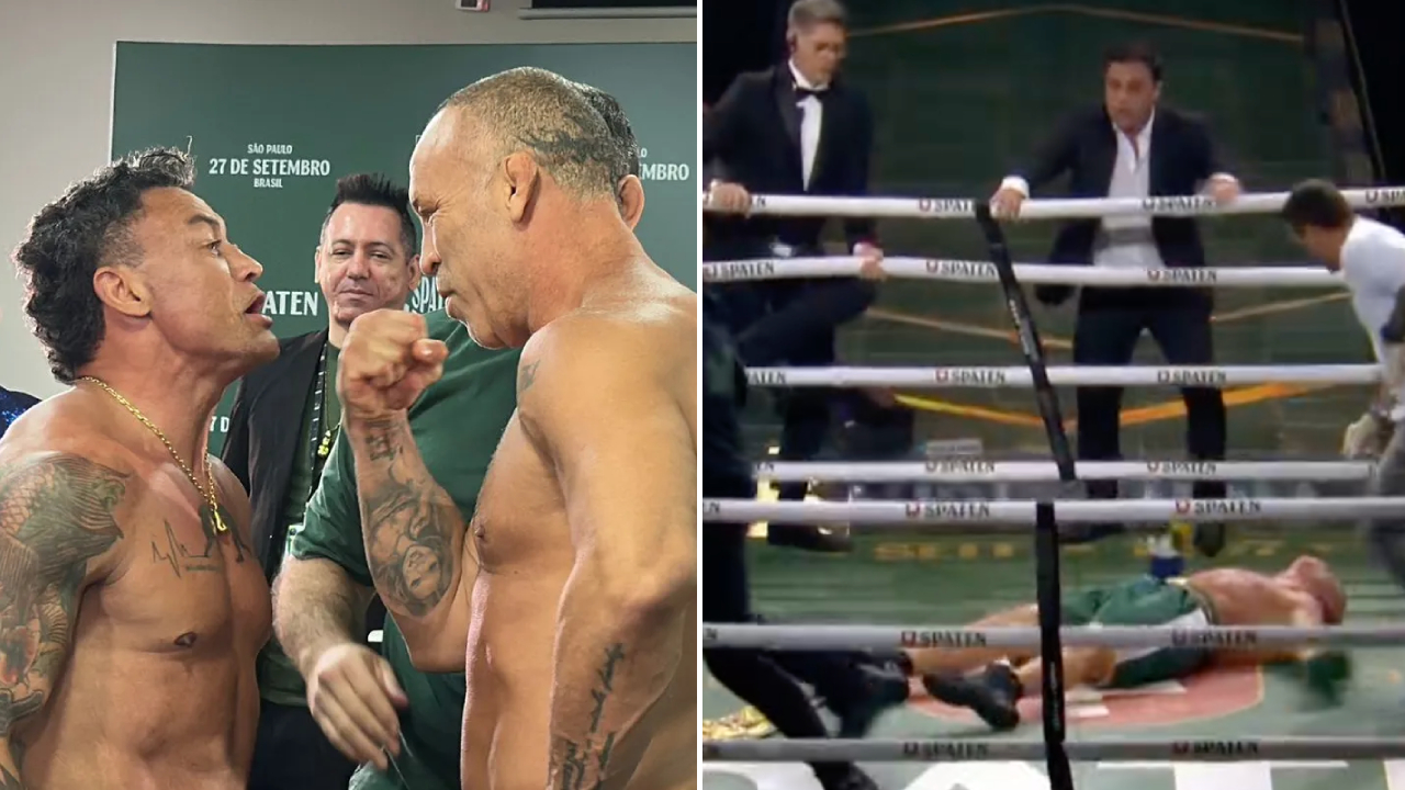 Wanderlei Silva (kanan) tampak tergeletak dalam perkelahian pasca pertarungan melawan Acelino “Popo” Freitas. (Foto: Fight TV)