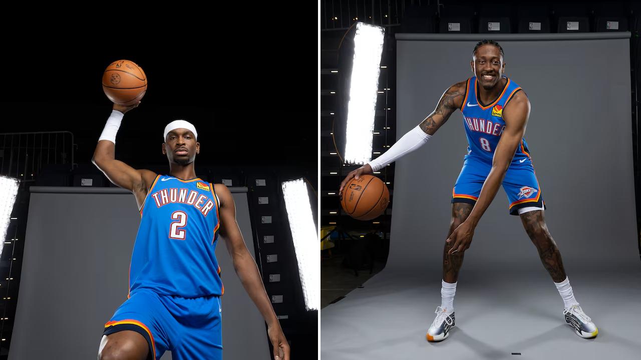 Bintang Oklahoma City Thunder Shai Gilgeous-Alexander dan Jalen Williams berpose untuk sesi pemotretan dalam acara media pada Senin (29/9). (Foto: AP)