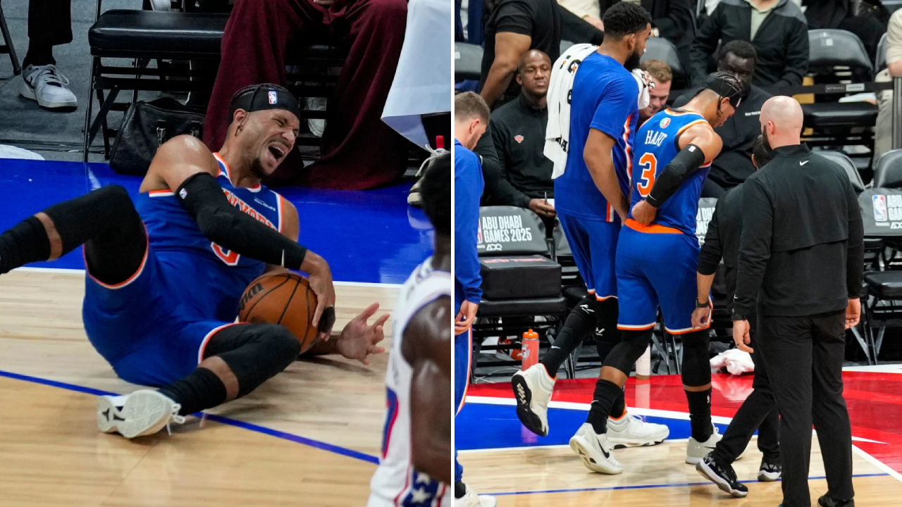 Josh Hart meringis kesakitan sebelum berjalan pincang ke ruang ganti tim. (Foto: AP)