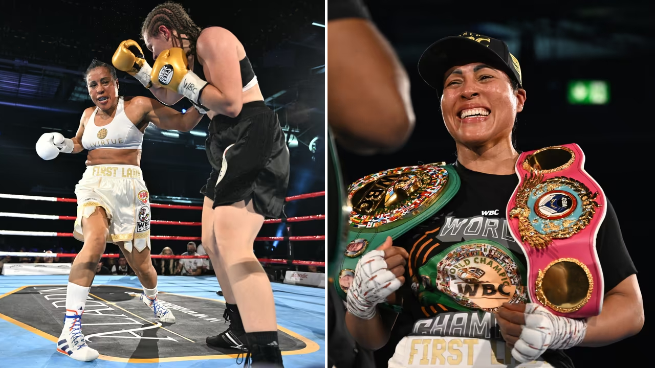 Cecilia Braekhus mengungguli Ema Kozin dan melakukan selebrasi dengan dua gelar kelas menengah junior WBC dan WBO. (Foto: Fight TV)