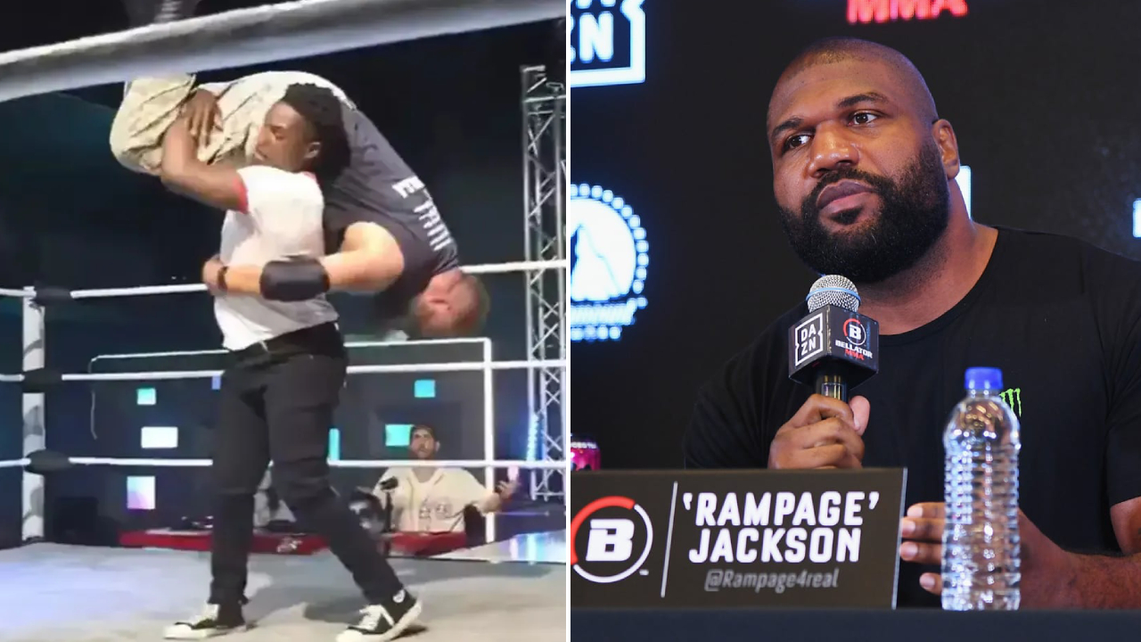 Raja Jackson beraksi di acara gulat KnokX (kiri) dan Rampage Jackson. (Foto: Fight TV)