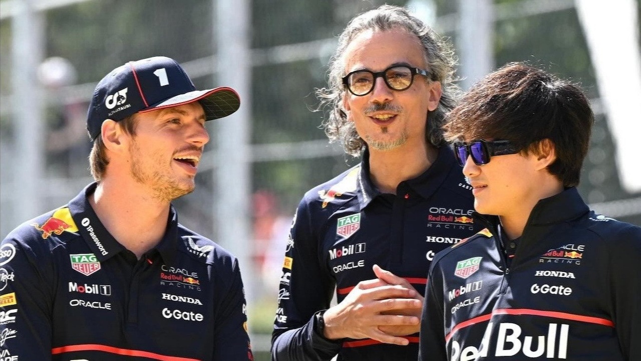 Max Verstappen, Laurent Mekies, dan Yuki Tsunoda
