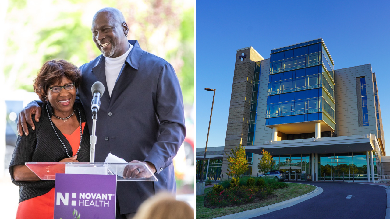 Michael Jordan berpose dengan sang ibunda (kiri) dan gedung Novant Health Deloris Jordan Neuroscience Institute di Wilmington, North Carolina. (Foto: AP)