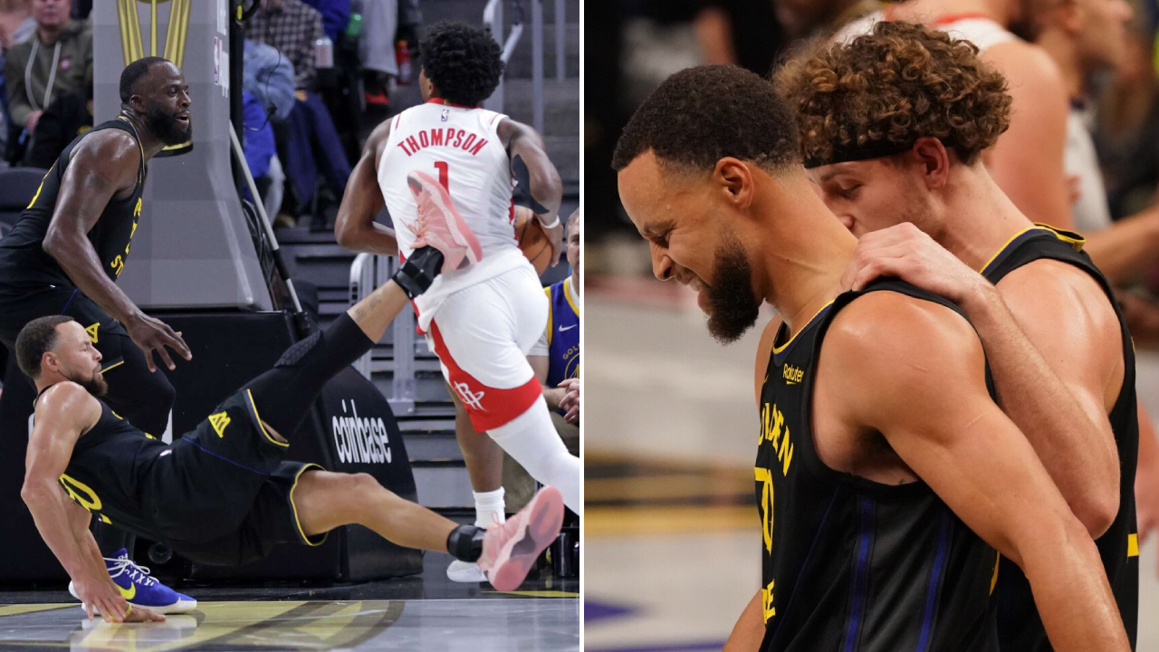 Stephen Curry terpelanting setelah disikut Amen Thompson (kiri) dan tampak dipapah tekan setim di menit-menit akhir. (Foto: AP)