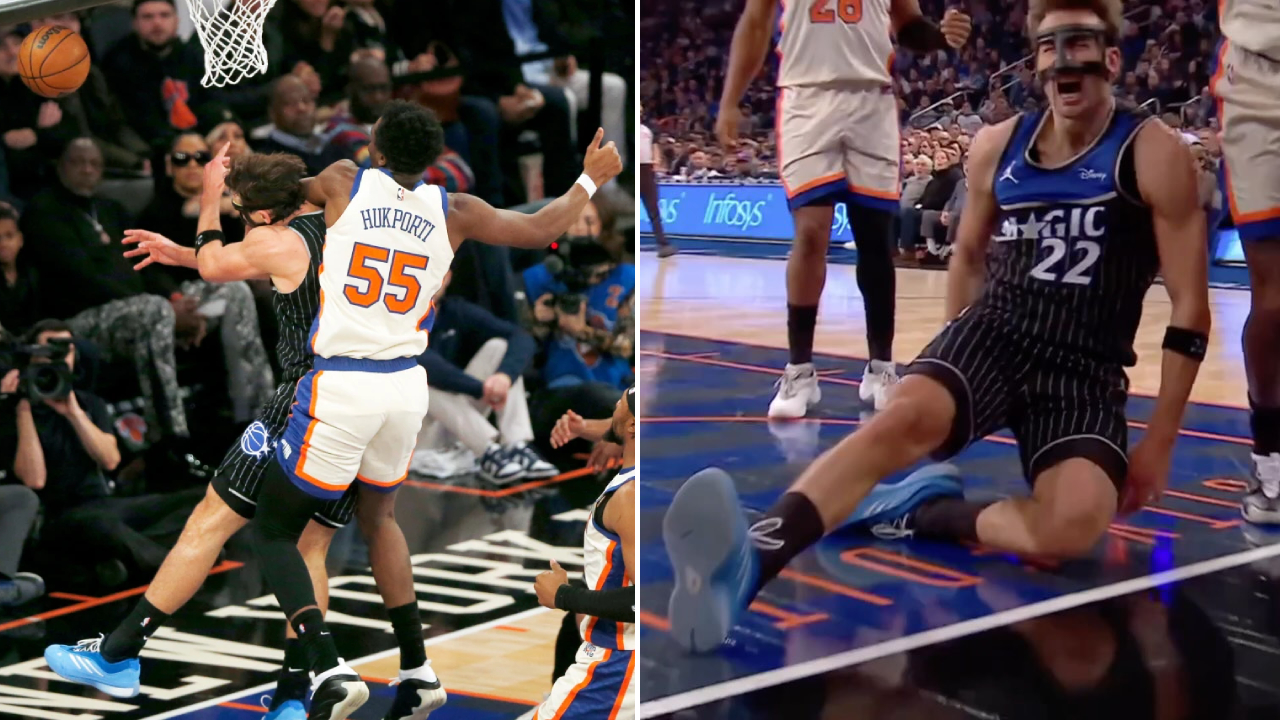 Cedera Franz Wagner diawali saat ia coba menuntaskan alley-oop setelah menerima umpan dari Anthony Black, namun ia dijegal oleh center Knicks, Ariel Hukporti. (Foto: AP)