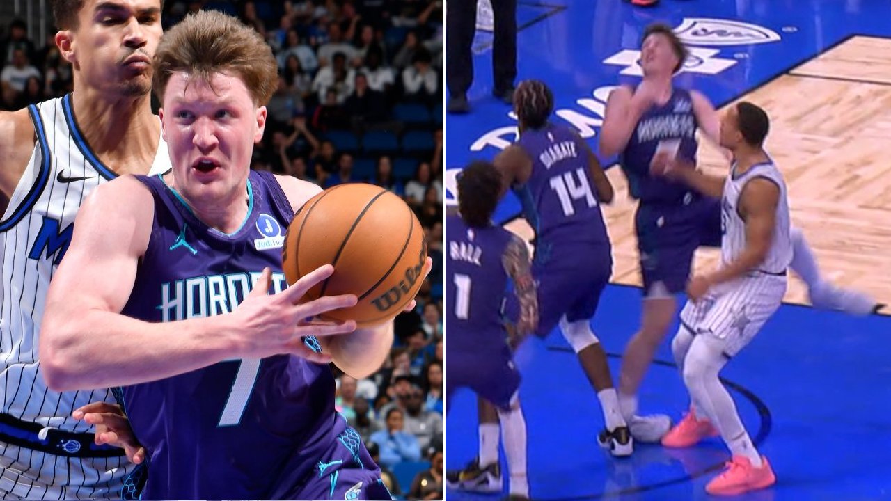 Kon Knueppel terlihat mendarat di atas sepatu guard Magic, Desmond Bane, saat berusaha melakukan pertahanan di area paint. (Foto: AP)