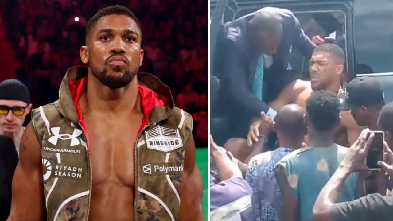 Anthony Joshua dibantu keluar dari bangku belakang mobil SUV yang mengalami kecelakaan di Nigeria. (Foto: Fight TV)
