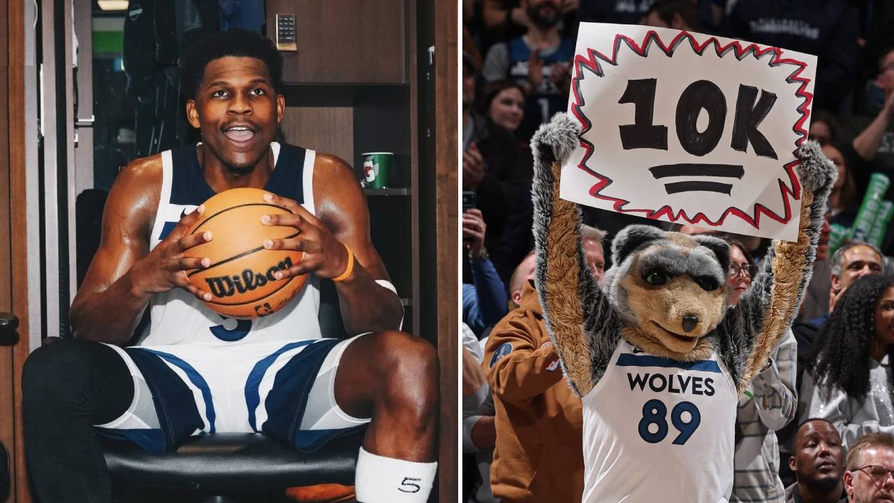 Anthony Edwards berpose dengan bola pertandingan di ruang ganti tim setelah membukukan 10.000 poin dalam kariernya. (Foto: Instagram)