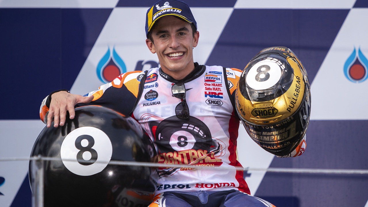 Marc Marquez saat meraih gelar juara ke-8 bersama Honda di MotoGP 2019