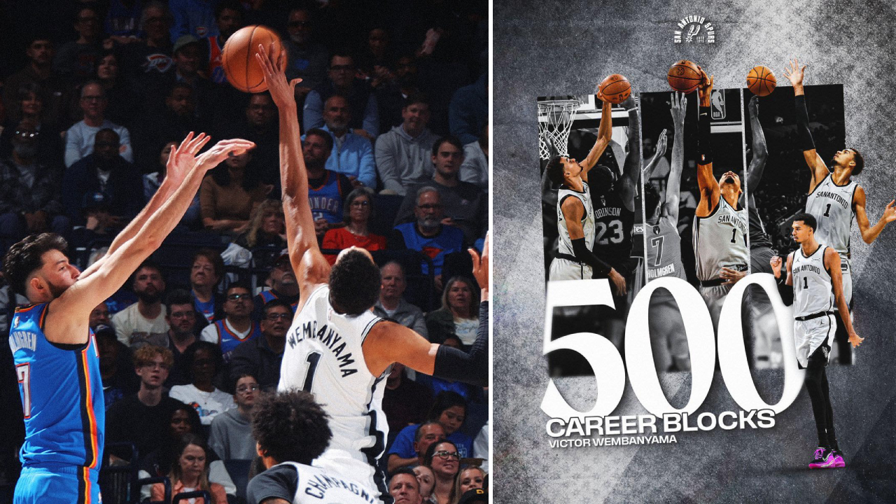 Momen Victor Wembanyama memblok tembakan Chet Holmgren yang menjadi blok ke-500 sepanjang karier mudanya di NBA. (Foto: AP)